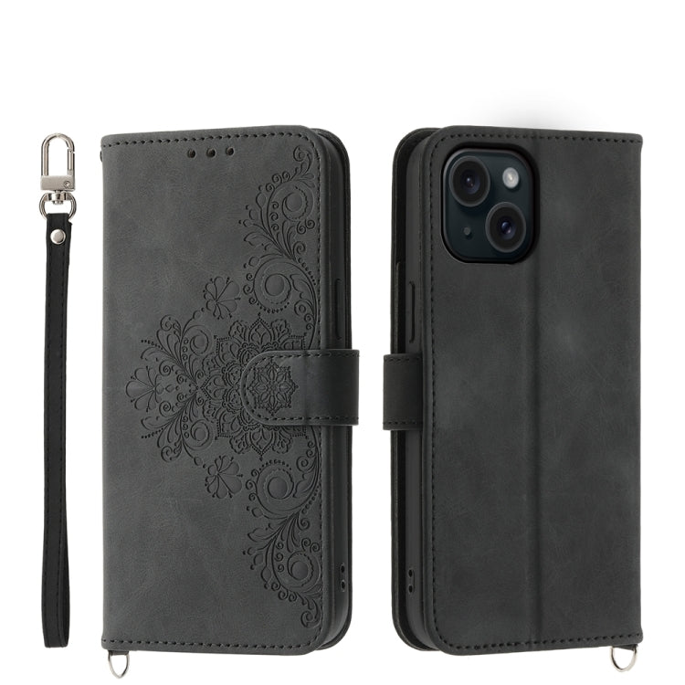 Skin-feel Flowers Embossed Wallet Leather Phone Case, For iPhone 15 Pro Max, For iPhone 15 Pro, For iPhone 15 Plus, For iPhone 15