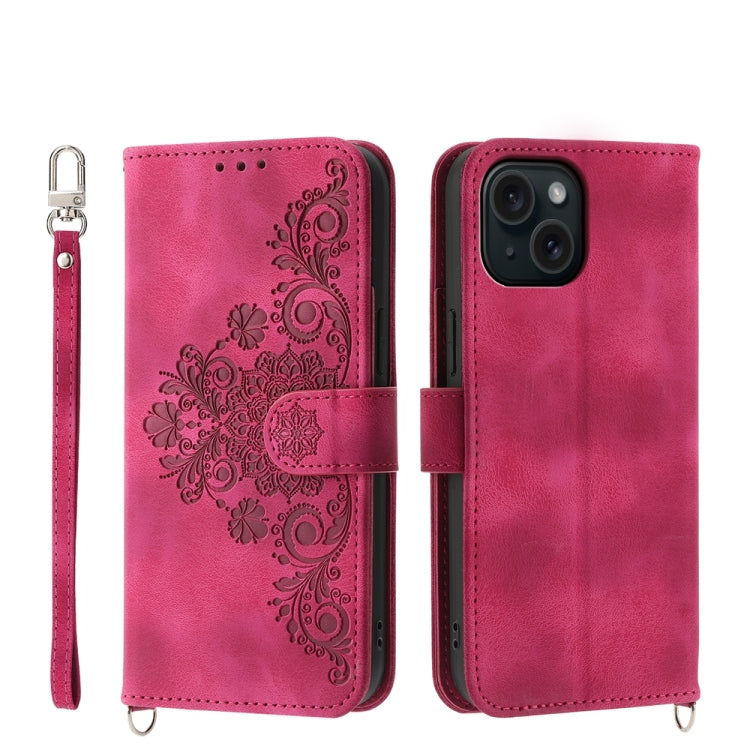 Skin-feel Flowers Embossed Wallet Leather Phone Case, For iPhone 15 Pro Max, For iPhone 15 Pro, For iPhone 15 Plus, For iPhone 15