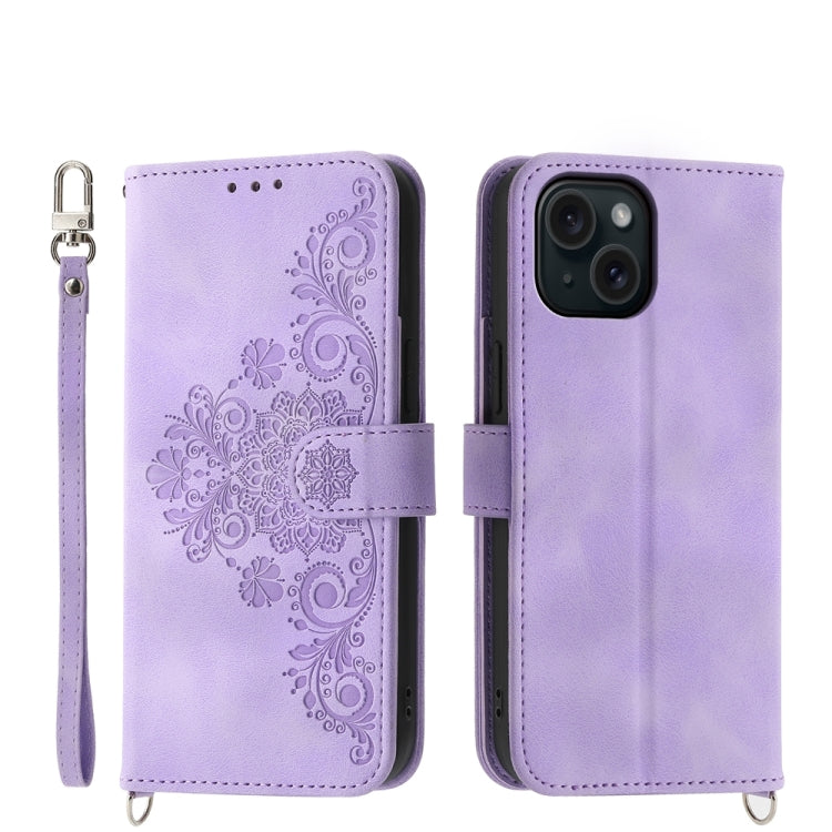 Skin-feel Flowers Embossed Wallet Leather Phone Case, For iPhone 15 Pro Max, For iPhone 15 Pro, For iPhone 15 Plus, For iPhone 15