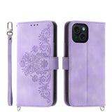 Skin-feel Flowers Embossed Wallet Leather Phone Case, For iPhone 15 Pro Max, For iPhone 15 Pro, For iPhone 15 Plus, For iPhone 15