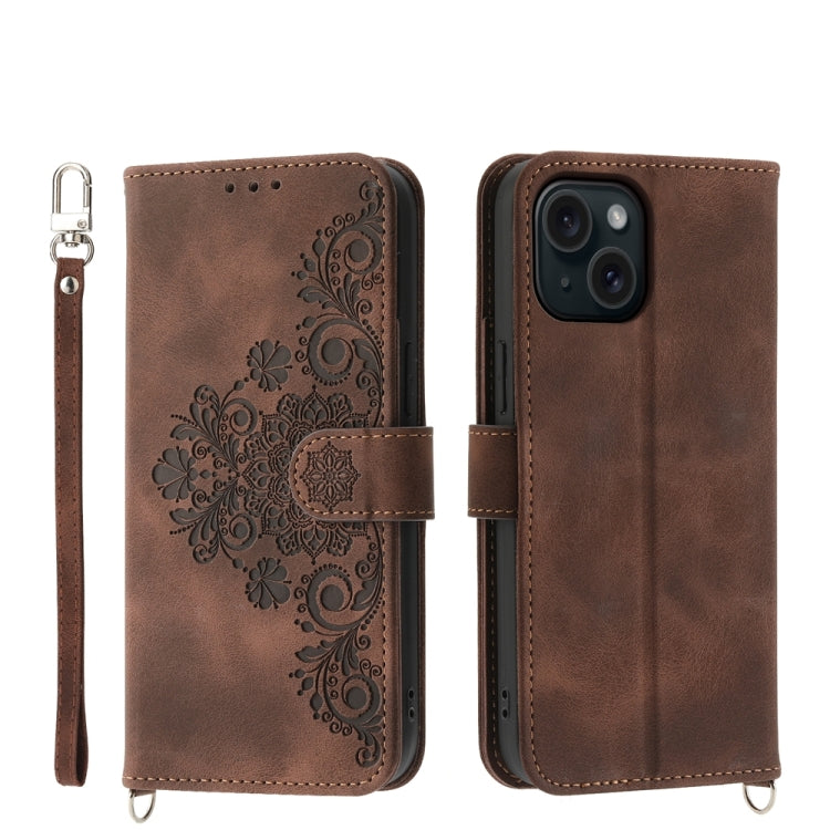Skin-feel Flowers Embossed Wallet Leather Phone Case, For iPhone 15 Pro Max, For iPhone 15 Pro, For iPhone 15 Plus, For iPhone 15
