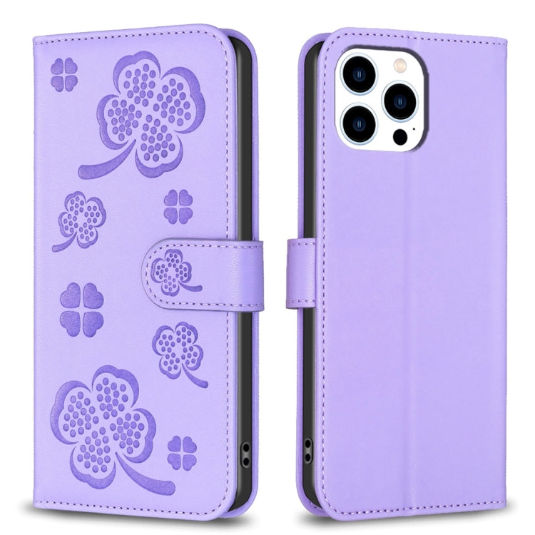 Four-leaf Embossed Leather Phone Case, For iPhone 15 Pro Max, For iPhone 15 Pro, For iPhone 15 Plus, For iPhone 15, For iPhone 14 Plus, For iPhone 14, For iPhone 14 Pro, For iPhone 14 Pro Max