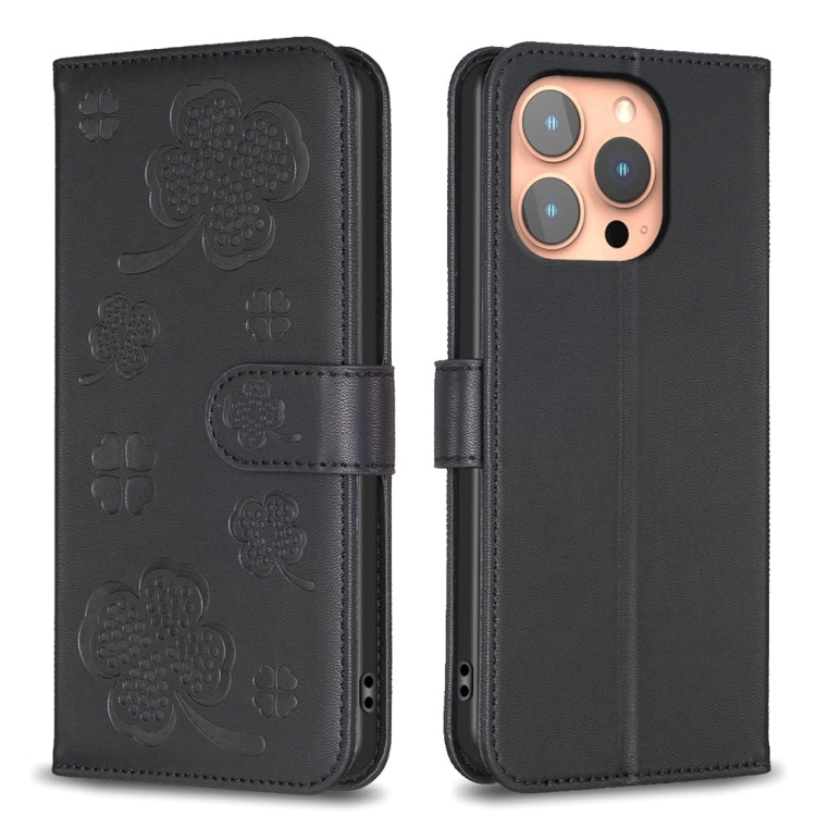 Four-leaf Embossed Leather Phone Case, For iPhone 15 Pro Max, For iPhone 15 Pro, For iPhone 15 Plus, For iPhone 15, For iPhone 14 Plus, For iPhone 14, For iPhone 14 Pro, For iPhone 14 Pro Max