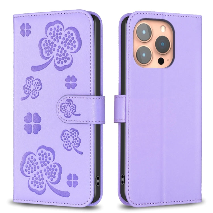 Four-leaf Embossed Leather Phone Case, For iPhone 15 Pro Max, For iPhone 15 Pro, For iPhone 15 Plus, For iPhone 15, For iPhone 14 Plus, For iPhone 14, For iPhone 14 Pro, For iPhone 14 Pro Max