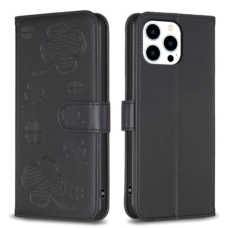 Four-leaf Embossed Leather Phone Case, For iPhone 15 Pro Max, For iPhone 15 Pro, For iPhone 15 Plus, For iPhone 15, For iPhone 14 Plus, For iPhone 14, For iPhone 14 Pro, For iPhone 14 Pro Max