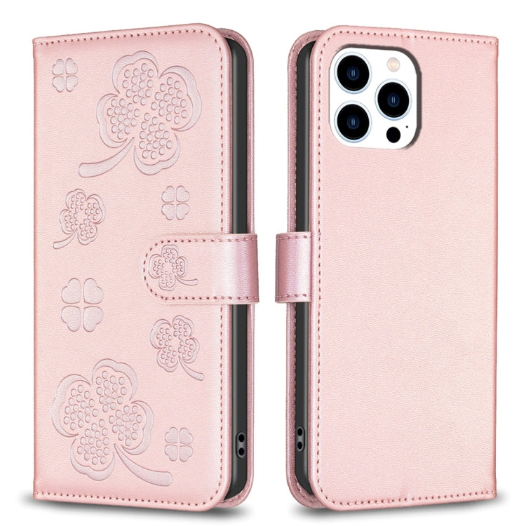Four-leaf Embossed Leather Phone Case, For iPhone 15 Pro Max, For iPhone 15 Pro, For iPhone 15 Plus, For iPhone 15, For iPhone 14 Plus, For iPhone 14, For iPhone 14 Pro, For iPhone 14 Pro Max