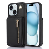 YM006 Skin Feel Zipper Card Bag Phone Case with Dual Lanyard, For iPhone 16 Plus, For iPhone 16, For iPhone 15 Pro Max, For iPhone 15 Pro, For iPhone 15 Plus, For iPhone 15