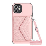 Rhombic Texture Card Bag RFID Phone Case with Long Lanyard, For iPhone 12 mini, For iPhone 11 Pro Max, For iPhone 11, For iPhone 11 Pro, For iPhone XS / X, For iPhone XR, For iPhone XS Max, For iPhone 8 Plus / 7 Plus