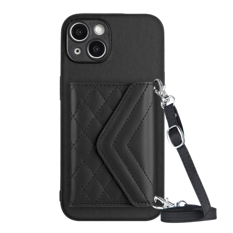 Rhombic Texture Card Bag RFID Phone Case with Long Lanyard, For iPhone 15 Pro Max, For iPhone 15 Pro, For iPhone 15 Plus, For iPhone 15, For iPhone 14 Plus, For iPhone 14, For iPhone 14 Pro, For iPhone 14 Pro Max
