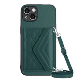 Rhombic Texture Card Bag RFID Phone Case with Long Lanyard, For iPhone 15 Pro Max, For iPhone 15 Pro, For iPhone 15 Plus, For iPhone 15, For iPhone 14 Plus, For iPhone 14, For iPhone 14 Pro, For iPhone 14 Pro Max