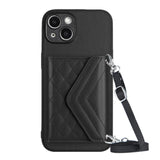Rhombic Texture Card Bag RFID Phone Case with Long Lanyard, For iPhone 15 Pro Max, For iPhone 15 Pro, For iPhone 15 Plus, For iPhone 15, For iPhone 14 Plus, For iPhone 14, For iPhone 14 Pro, For iPhone 14 Pro Max