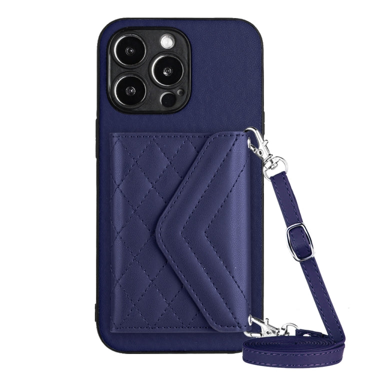 Rhombic Texture Card Bag RFID Phone Case with Long Lanyard, For iPhone 15 Pro Max, For iPhone 15 Pro, For iPhone 15 Plus, For iPhone 15, For iPhone 14 Plus, For iPhone 14, For iPhone 14 Pro, For iPhone 14 Pro Max