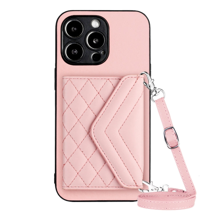 Rhombic Texture Card Bag RFID Phone Case with Long Lanyard, For iPhone 15 Pro Max, For iPhone 15 Pro, For iPhone 15 Plus, For iPhone 15, For iPhone 14 Plus, For iPhone 14, For iPhone 14 Pro, For iPhone 14 Pro Max