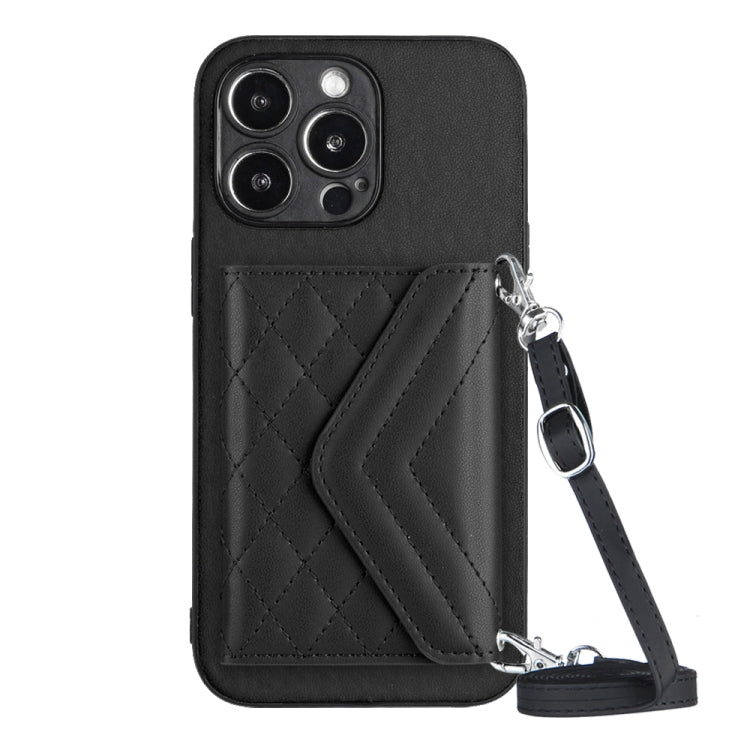 Rhombic Texture Card Bag RFID Phone Case with Long Lanyard, For iPhone 15 Pro Max, For iPhone 15 Pro, For iPhone 15 Plus, For iPhone 15, For iPhone 14 Plus, For iPhone 14, For iPhone 14 Pro, For iPhone 14 Pro Max