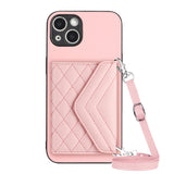 Rhombic Texture Card Bag RFID Phone Case with Long Lanyard, For iPhone 15 Pro Max, For iPhone 15 Pro, For iPhone 15 Plus, For iPhone 15, For iPhone 14 Plus, For iPhone 14, For iPhone 14 Pro, For iPhone 14 Pro Max