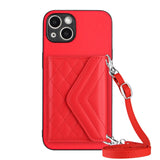 Rhombic Texture Card Bag RFID Phone Case with Long Lanyard, For iPhone 15 Pro Max, For iPhone 15 Pro, For iPhone 15 Plus, For iPhone 15, For iPhone 14 Plus, For iPhone 14, For iPhone 14 Pro, For iPhone 14 Pro Max
