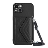 Rhombic Texture Card Bag RFID Phone Case with Long Lanyard, For iPhone 15 Pro Max, For iPhone 15 Pro, For iPhone 15 Plus, For iPhone 15, For iPhone 14 Plus, For iPhone 14, For iPhone 14 Pro, For iPhone 14 Pro Max