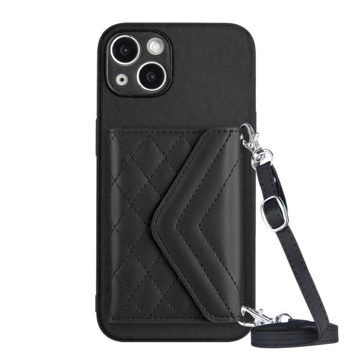 Rhombic Texture Card Bag RFID Phone Case with Long Lanyard, For iPhone 15 Pro Max, For iPhone 15 Pro, For iPhone 15 Plus, For iPhone 15, For iPhone 14 Plus, For iPhone 14, For iPhone 14 Pro, For iPhone 14 Pro Max