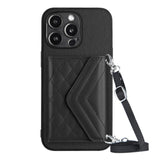 Rhombic Texture Card Bag RFID Phone Case with Long Lanyard, For iPhone 15 Pro Max, For iPhone 15 Pro, For iPhone 15 Plus, For iPhone 15, For iPhone 14 Plus, For iPhone 14, For iPhone 14 Pro, For iPhone 14 Pro Max