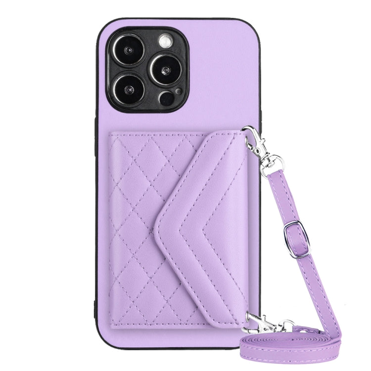Rhombic Texture Card Bag RFID Phone Case with Long Lanyard, For iPhone 15 Pro Max, For iPhone 15 Pro, For iPhone 15 Plus, For iPhone 15, For iPhone 14 Plus, For iPhone 14, For iPhone 14 Pro, For iPhone 14 Pro Max
