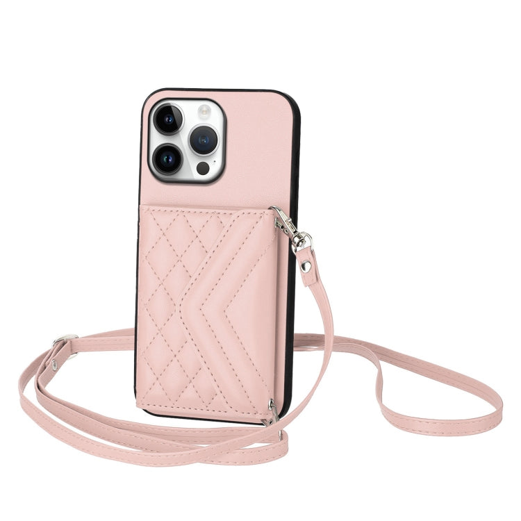 Rhombic Texture Card Bag RFID Phone Case with Long Lanyard, For iPhone 17 Pro Max, For iPhone 17 Pro, For iPhone 17, For iPhone Air, For iPhone 16 Pro Max, For iPhone 16 Pro, For iPhone 16 Plus, For iPhone 16