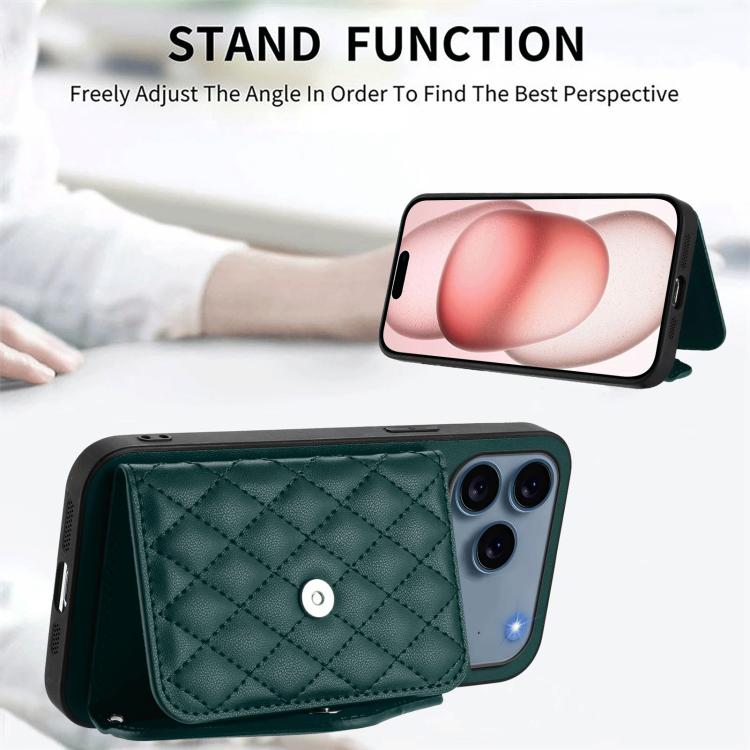 Rhombic Texture Card Bag RFID Phone Case with Long Lanyard, For iPhone 17 Pro Max, For iPhone 17 Pro, For iPhone 17, For iPhone Air, For iPhone 16 Pro Max, For iPhone 16 Pro, For iPhone 16 Plus, For iPhone 16