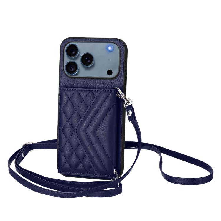 Rhombic Texture Card Bag RFID Phone Case with Long Lanyard, For iPhone 17 Pro Max, For iPhone 17 Pro, For iPhone 17, For iPhone Air, For iPhone 16 Pro Max, For iPhone 16 Pro, For iPhone 16 Plus, For iPhone 16