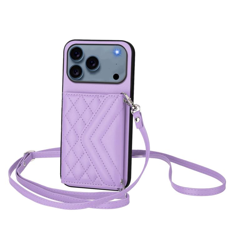 Rhombic Texture Card Bag RFID Phone Case with Long Lanyard, For iPhone 17 Pro Max, For iPhone 17 Pro, For iPhone 17, For iPhone Air, For iPhone 16 Pro Max, For iPhone 16 Pro, For iPhone 16 Plus, For iPhone 16