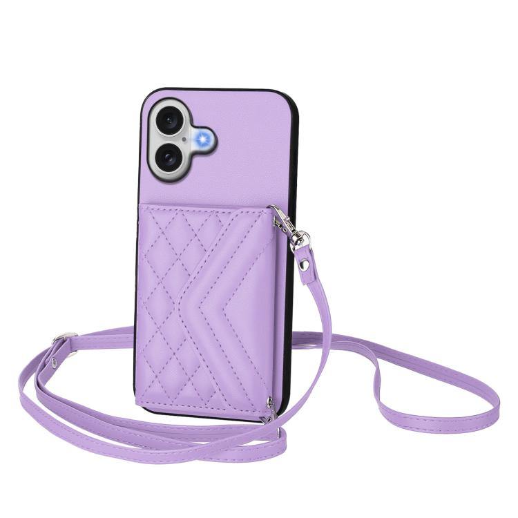 Rhombic Texture Card Bag RFID Phone Case with Long Lanyard, For iPhone 17 Pro Max, For iPhone 17 Pro, For iPhone 17, For iPhone Air, For iPhone 16 Pro Max, For iPhone 16 Pro, For iPhone 16 Plus, For iPhone 16