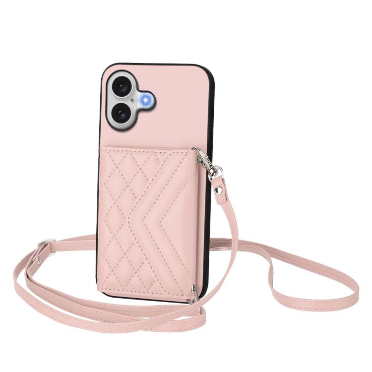 Rhombic Texture Card Bag RFID Phone Case with Long Lanyard, For iPhone 17 Pro Max, For iPhone 17 Pro, For iPhone 17, For iPhone Air, For iPhone 16 Pro Max, For iPhone 16 Pro, For iPhone 16 Plus, For iPhone 16