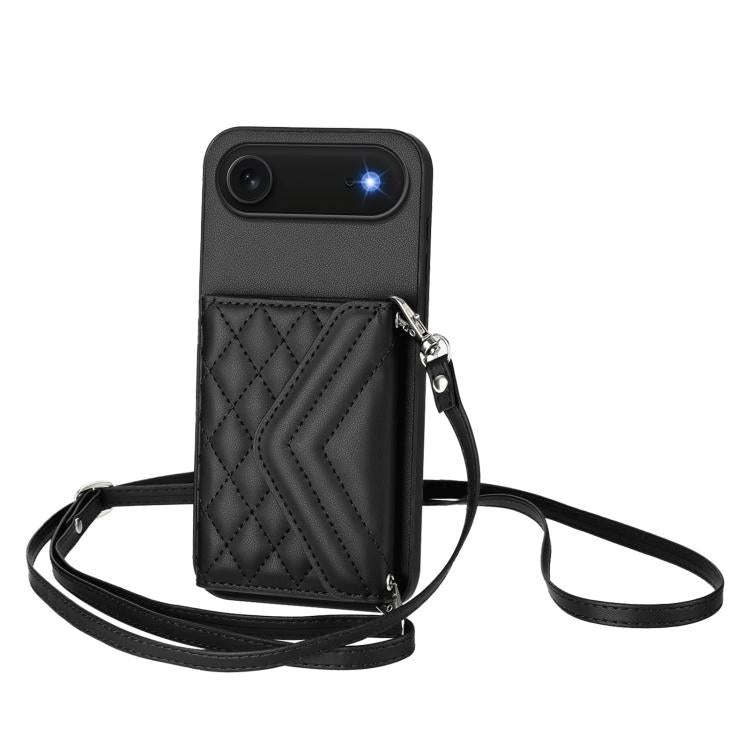 Rhombic Texture Card Bag RFID Phone Case with Long Lanyard, For iPhone 17 Pro Max, For iPhone 17 Pro, For iPhone 17, For iPhone Air, For iPhone 16 Pro Max, For iPhone 16 Pro, For iPhone 16 Plus, For iPhone 16