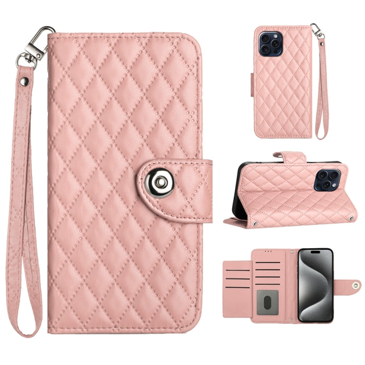 Rhombic Texture Flip Leather Phone Case with Lanyard, For iPhone 16, For iPhone 15 Pro Max, For iPhone 15 Pro, For iPhone 15 Plus, For iPhone 15, For iPhone 14 Plus, For iPhone 14, For iPhone 14 Pro