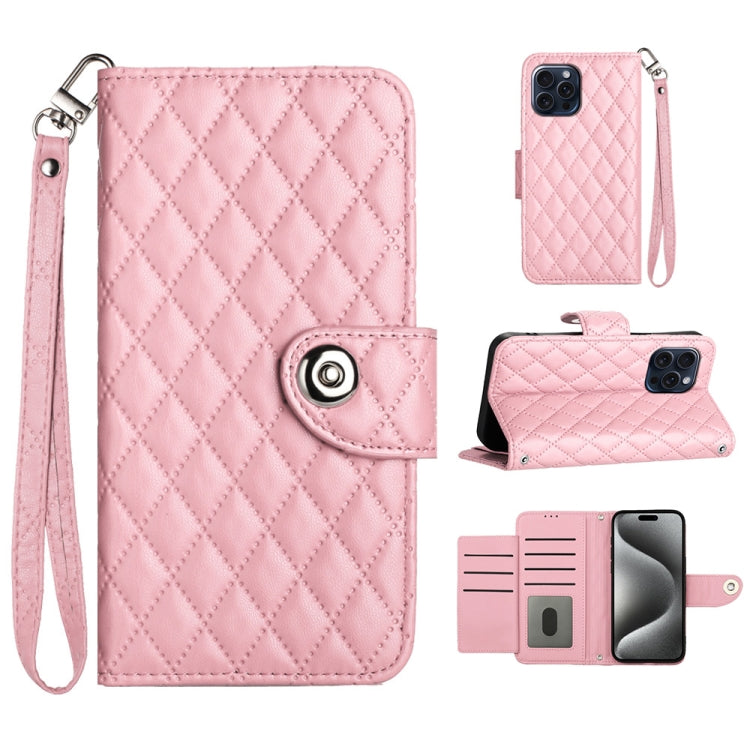 Rhombic Texture Flip Leather Phone Case with Lanyard, For iPhone 16, For iPhone 15 Pro Max, For iPhone 15 Pro, For iPhone 15 Plus, For iPhone 15, For iPhone 14 Plus, For iPhone 14, For iPhone 14 Pro
