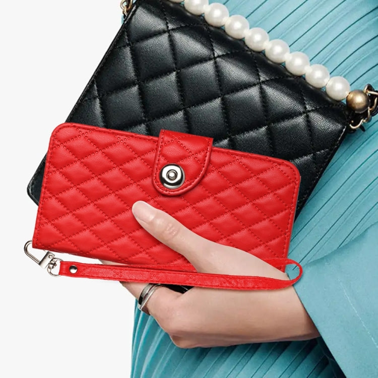 Rhombic Texture Flip Leather Phone Case with Lanyard, For iPhone 16, For iPhone 15 Pro Max, For iPhone 15 Pro, For iPhone 15 Plus, For iPhone 15, For iPhone 14 Plus, For iPhone 14, For iPhone 14 Pro