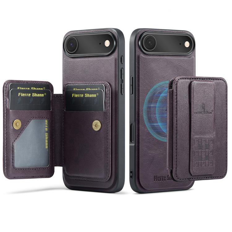 Fierre Shann Oil Wax Cow Leather Card Holder Back Phone Case, For iPhone 17e / 16e, For iPhone 17 Pro Max, For iPhone 17 Pro, For iPhone 17, For iPhone Air, For iPhone 16 Pro Max, For iPhone 16 Pro, For iPhone 16 Plus
