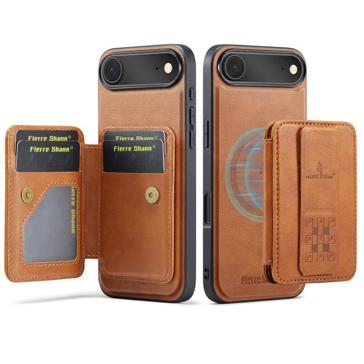 Fierre Shann Oil Wax Cow Leather Card Holder Back Phone Case, For iPhone 17e / 16e, For iPhone 17 Pro Max, For iPhone 17 Pro, For iPhone 17, For iPhone Air, For iPhone 16 Pro Max, For iPhone 16 Pro, For iPhone 16 Plus