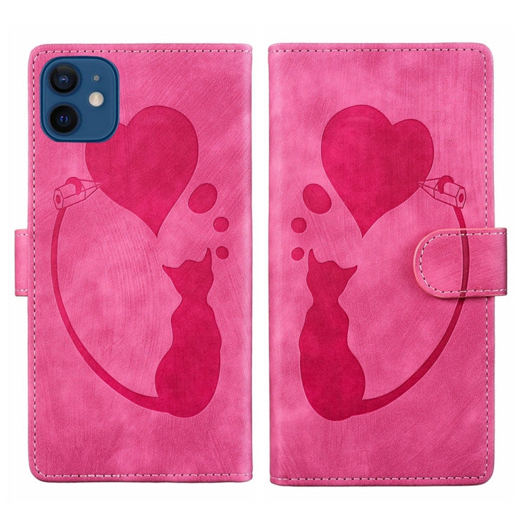 Pen Heart Cat Embossed Leather Phone Case, For iPhone 13 mini, For iPhone 12, For iPhone 12 Pro Max, For iPhone 12 Pro, For iPhone 12 mini, For iPhone 11 Pro Max, For iPhone 11, For iPhone 11 Pro
