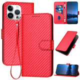 YX0070 Carbon Fiber Buckle Leather Phone Case with Lanyard, For iPhone 16 Pro, For iPhone 16 Plus, For iPhone 16, For iPhone 15 Pro Max, For iPhone 15 Pro, For iPhone 15 Plus