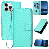 YX0070 Carbon Fiber Buckle Leather Phone Case with Lanyard, For iPhone 15, For iPhone 14 Plus, For iPhone 14, For iPhone 14 Pro, For iPhone 14 Pro Max, For iPhone SE 2022 / SE 2020 / 8 / 7