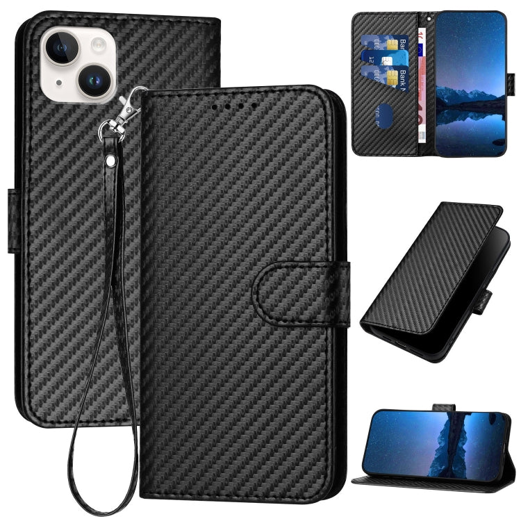 YX0070 Carbon Fiber Buckle Leather Phone Case with Lanyard, For iPhone 15, For iPhone 14 Plus, For iPhone 14, For iPhone 14 Pro, For iPhone 14 Pro Max, For iPhone SE 2022 / SE 2020 / 8 / 7