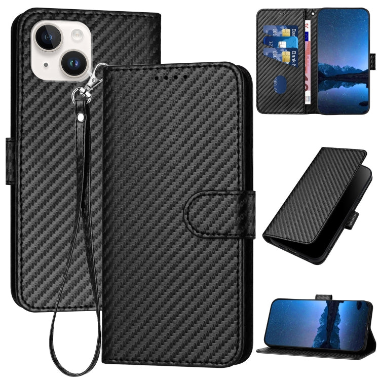 YX0070 Carbon Fiber Buckle Leather Phone Case with Lanyard, For iPhone 15, For iPhone 14 Plus, For iPhone 14, For iPhone 14 Pro, For iPhone 14 Pro Max, For iPhone SE 2022 / SE 2020 / 8 / 7