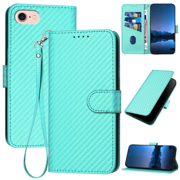 YX0070 Carbon Fiber Buckle Leather Phone Case with Lanyard, For iPhone 15, For iPhone 14 Plus, For iPhone 14, For iPhone 14 Pro, For iPhone 14 Pro Max, For iPhone SE 2022 / SE 2020 / 8 / 7
