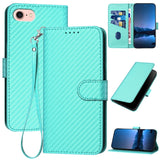 YX0070 Carbon Fiber Buckle Leather Phone Case with Lanyard, For iPhone 15, For iPhone 14 Plus, For iPhone 14, For iPhone 14 Pro, For iPhone 14 Pro Max, For iPhone SE 2022 / SE 2020 / 8 / 7