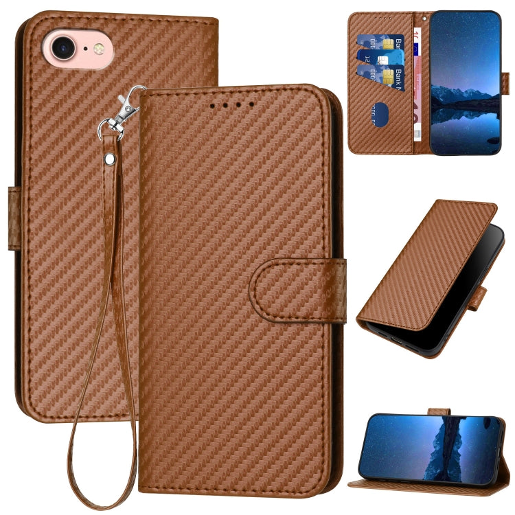 YX0070 Carbon Fiber Buckle Leather Phone Case with Lanyard, For iPhone 15, For iPhone 14 Plus, For iPhone 14, For iPhone 14 Pro, For iPhone 14 Pro Max, For iPhone SE 2022 / SE 2020 / 8 / 7