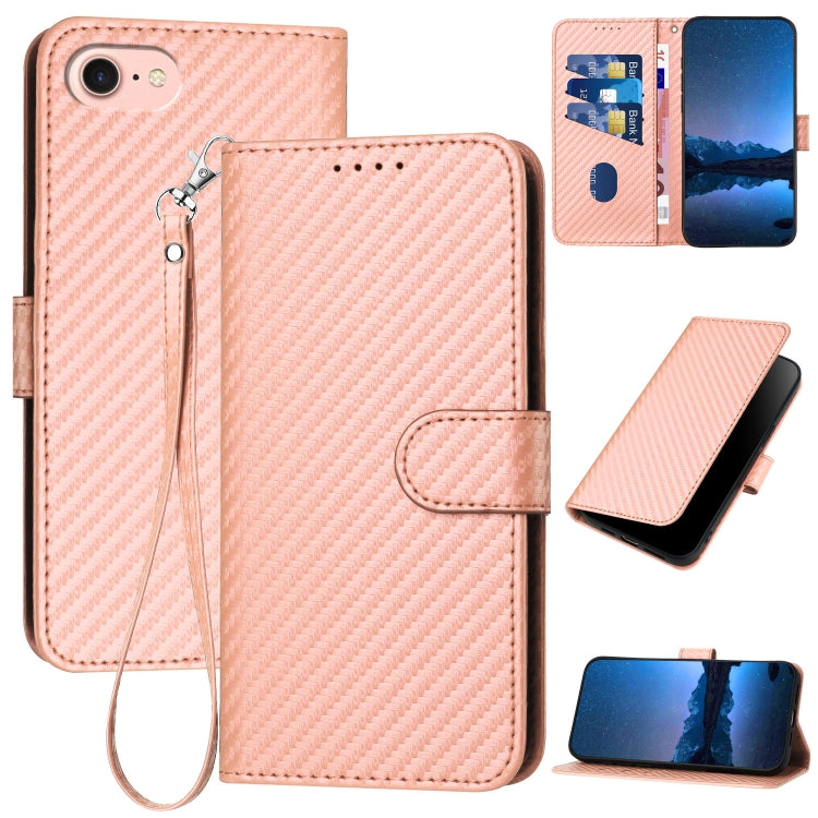 YX0070 Carbon Fiber Buckle Leather Phone Case with Lanyard, For iPhone 15, For iPhone 14 Plus, For iPhone 14, For iPhone 14 Pro, For iPhone 14 Pro Max, For iPhone SE 2022 / SE 2020 / 8 / 7