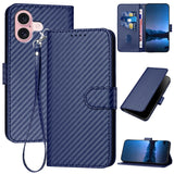 YX0070 Carbon Fiber Buckle Leather Phone Case with Lanyard, For iPhone 16 Pro, For iPhone 16 Plus, For iPhone 16, For iPhone 15 Pro Max, For iPhone 15 Pro, For iPhone 15 Plus