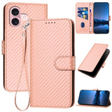 YX0070 Carbon Fiber Buckle Leather Phone Case with Lanyard, For iPhone 16 Pro, For iPhone 16 Plus, For iPhone 16, For iPhone 15 Pro Max, For iPhone 15 Pro, For iPhone 15 Plus