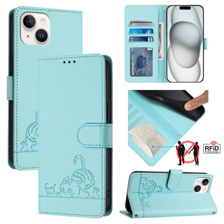 Cat Rat Embossed Pattern RFID Leather Phone Case with Lanyard, For iPhone 15, For iPhone 14 Plus, For iPhone 14/13, For iPhone 14 Pro, For iPhone 14 Pro Max, For iPhone SE 2022/SE 2020/6/7/8, For iPhone 13 Pro Max, For iPhone 13 Pro