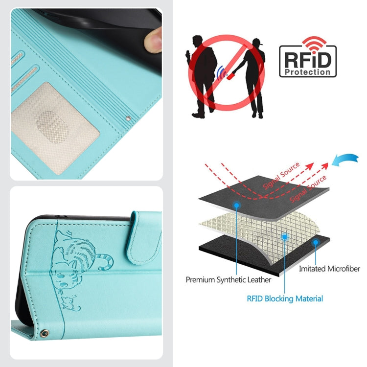 Cat Rat Embossed Pattern RFID Leather Phone Case with Lanyard, For iPhone 15, For iPhone 14 Plus, For iPhone 14/13, For iPhone 14 Pro, For iPhone 14 Pro Max, For iPhone SE 2022/SE 2020/6/7/8, For iPhone 13 Pro Max, For iPhone 13 Pro