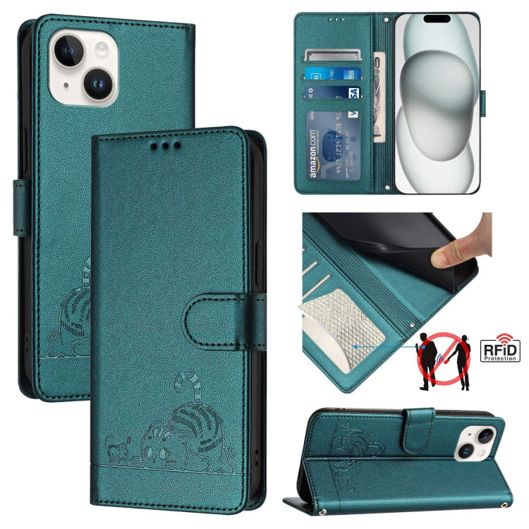 Cat Rat Embossed Pattern RFID Leather Phone Case with Lanyard, For iPhone 15, For iPhone 14 Plus, For iPhone 14/13, For iPhone 14 Pro, For iPhone 14 Pro Max, For iPhone SE 2022/SE 2020/6/7/8, For iPhone 13 Pro Max, For iPhone 13 Pro